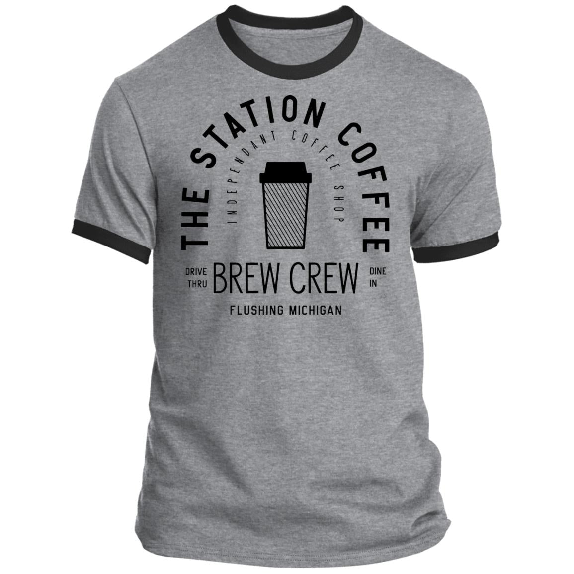 CustomCat Station Coffee Brew Crew Premium Ringer Tee Athletic Heather/Jet Black / M